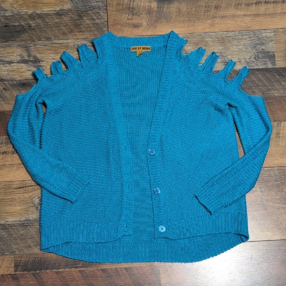 Love By Design Teal Cutout Cold Shoulder Cardigan